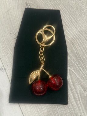 Gold Cherry Keychain Charm with Red Enamel Cherries New in pouch